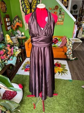 Vintage Y2K Brown Halter Satin Midi Dress